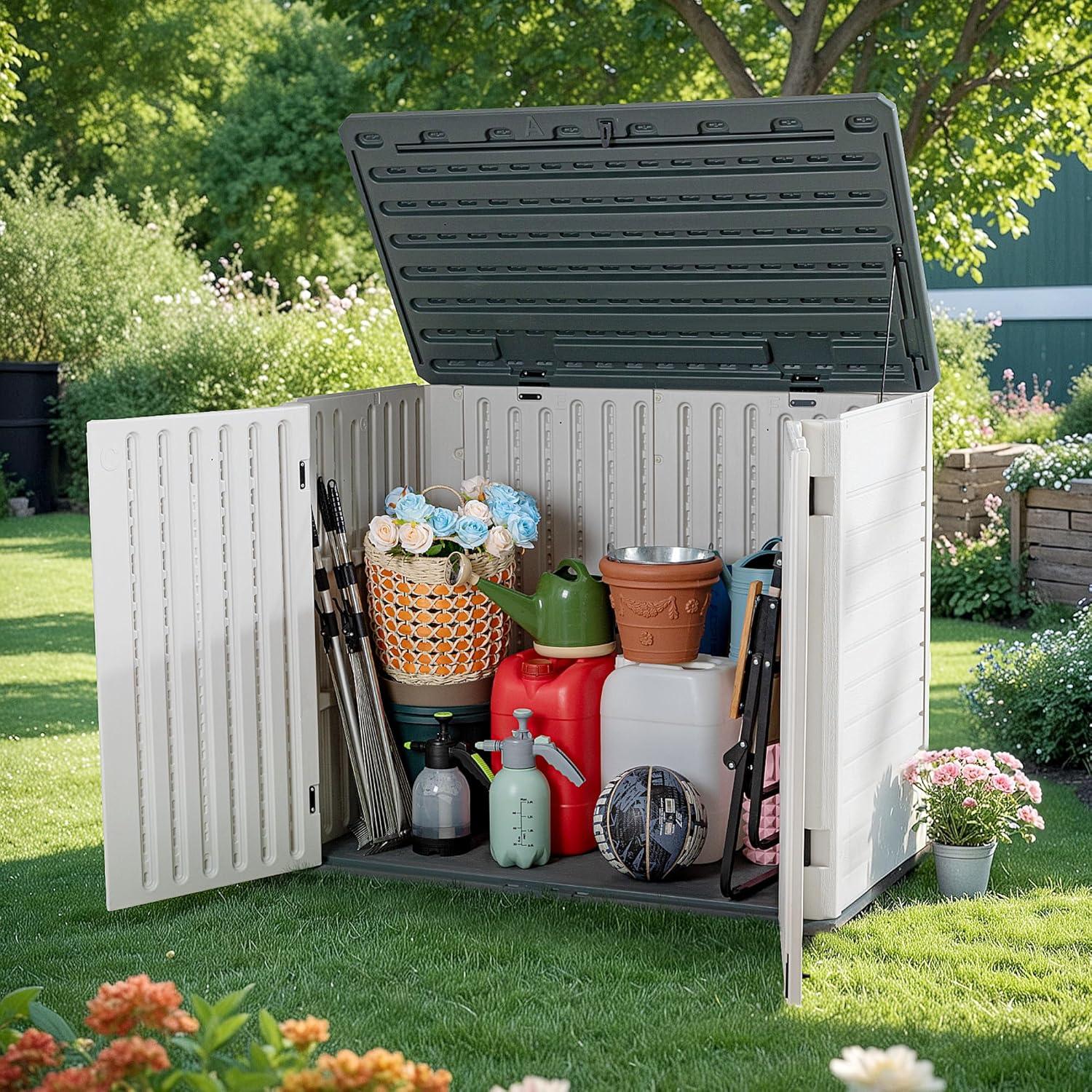 Jummico Horizontal Outdoor Resin Storage Shed 34 Cu. Ft. Garden Storage Extra Large Capacity Weather Resistant Storage Box for Bike, Garbage Cans, Lawnmowe, Garden Accessories