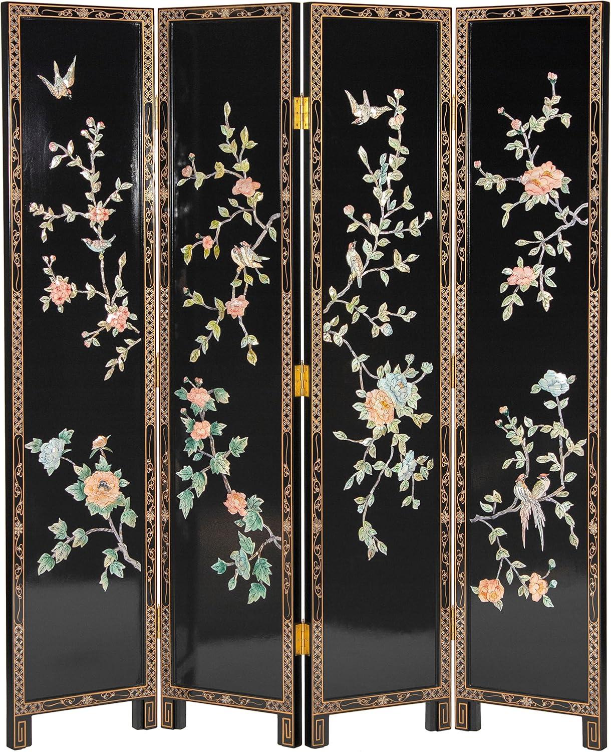 Oriental Furniture 6 ft. Tall Lacquer Birds and Flowers Room Divider - 4 Panel