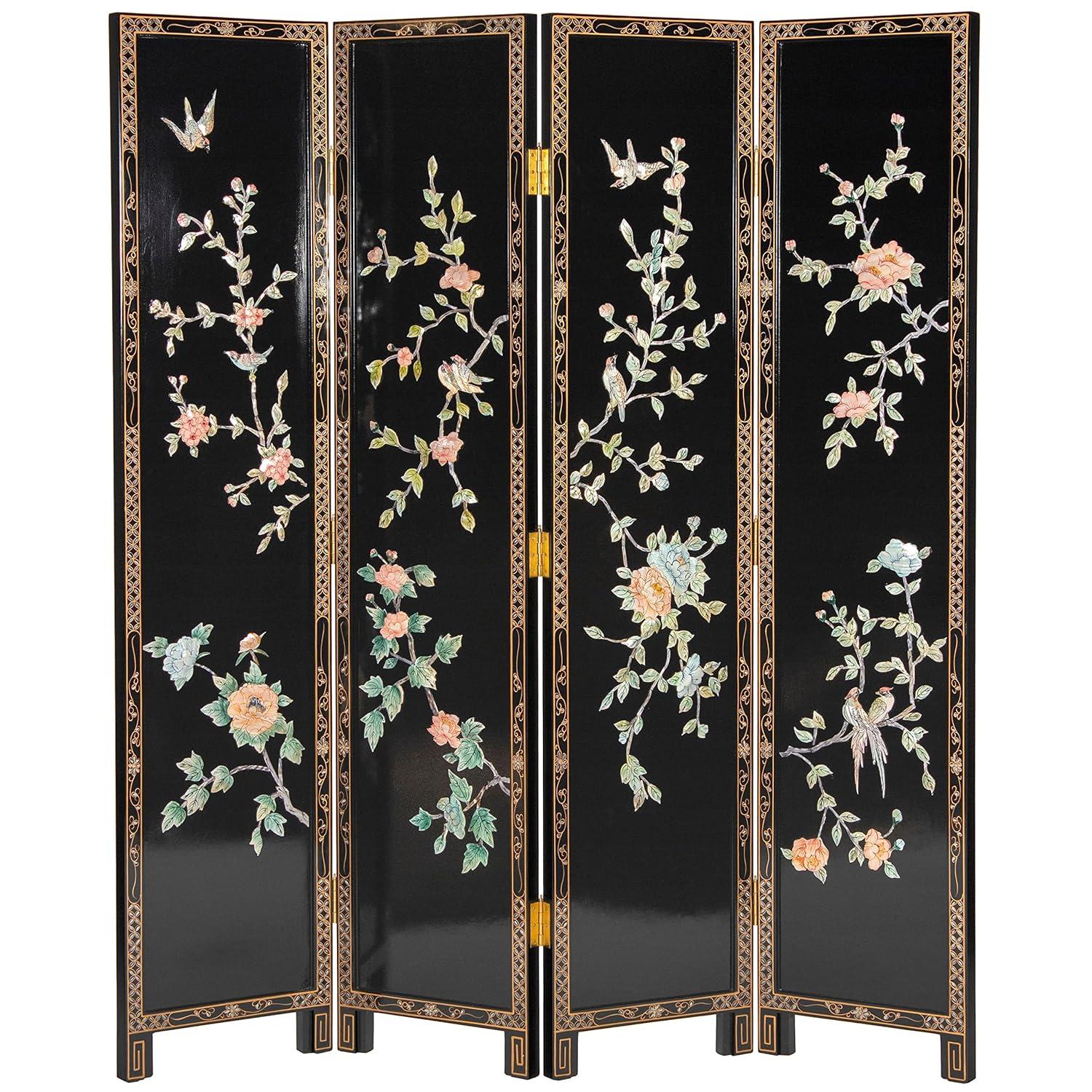 Oriental Furniture 6 ft. Tall Lacquer Birds and Flowers Room Divider - 4 Panel