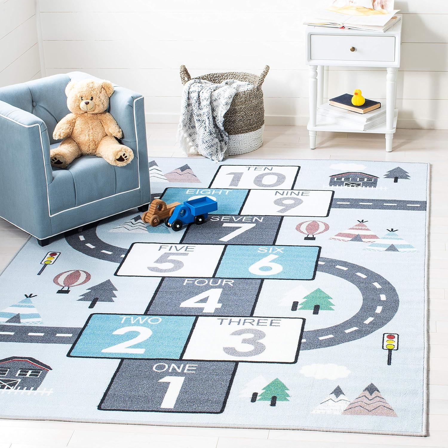 SAFAVIEH Kids Playhouse City Hopscotch Machine Washable Area Rug, Grey/Blue, 3'3" x 3'3" Square