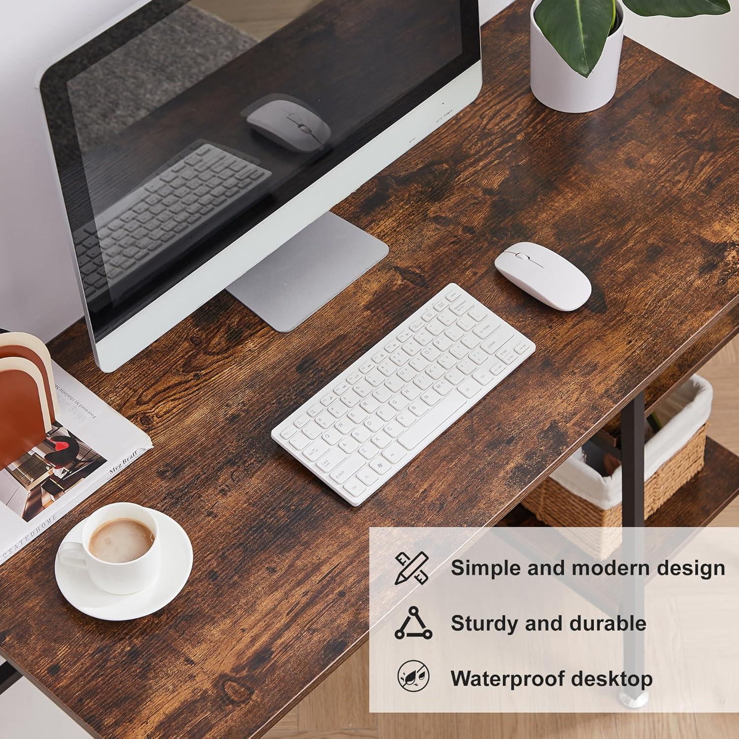 VECELO 43 Inch Computer Desk Writing Study Work Office Table Modern Desk with Shelves Wooden Desk for Home Bedroom,Walnut Desk