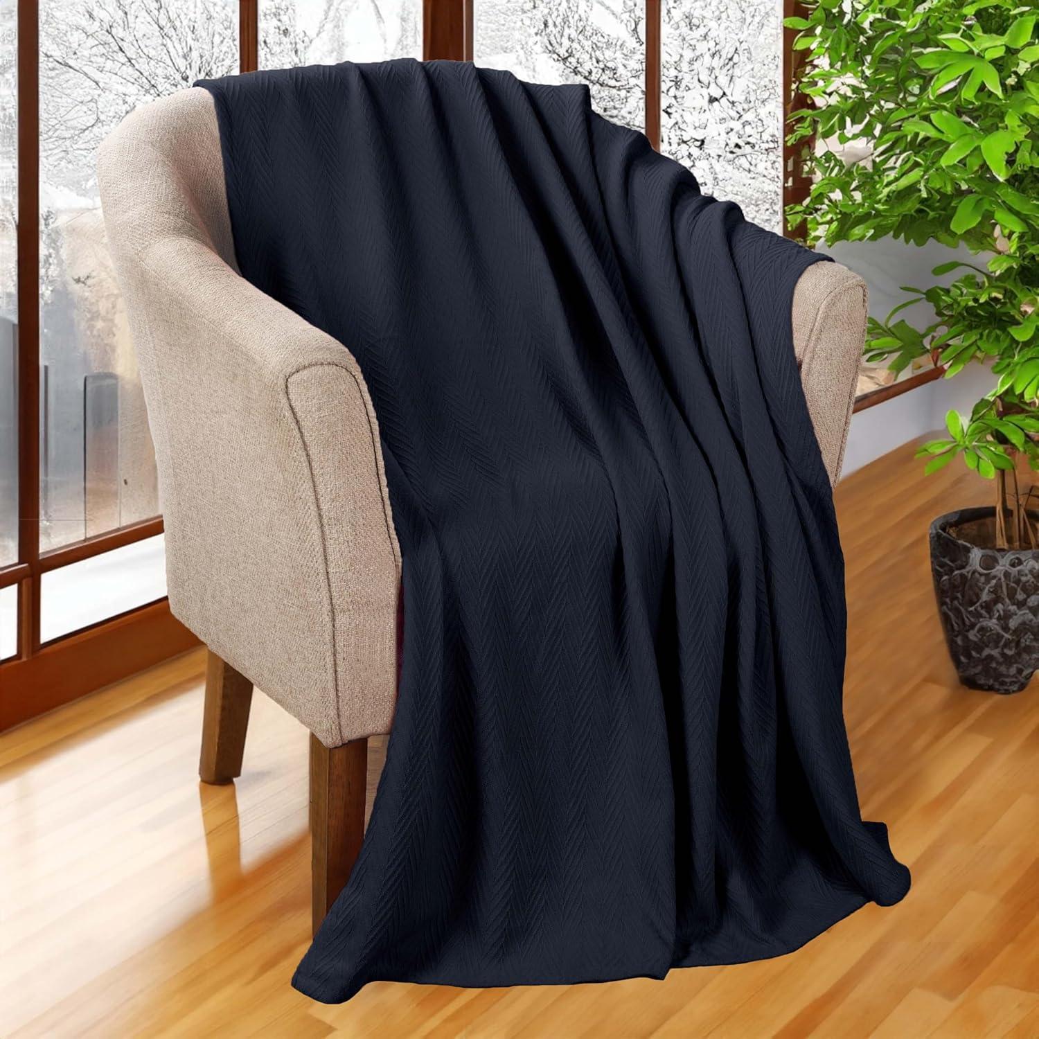 Superior Dobbyweave Knit Cotton Blanket, All Season Bed Blanket, Full/Queen 88" x 100", Navy Blue