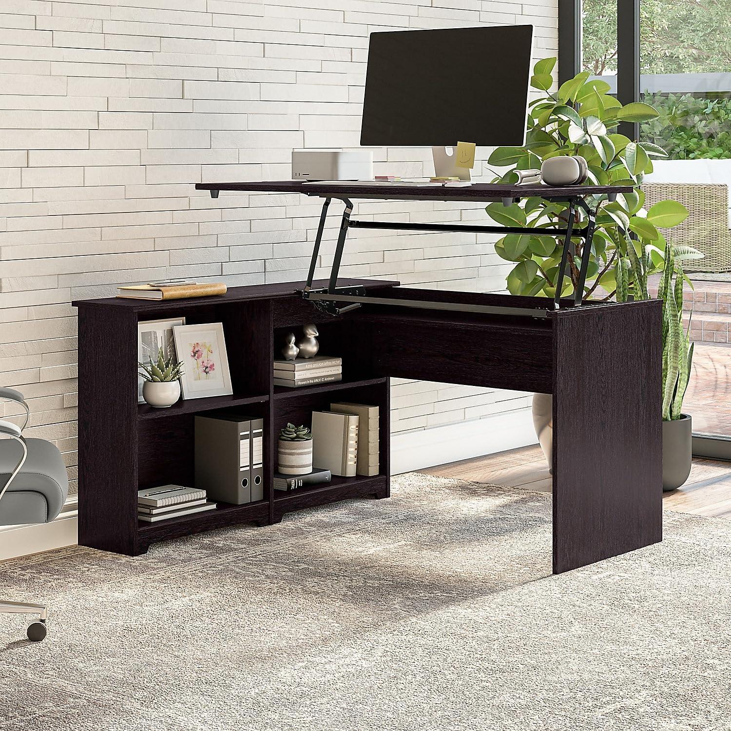 Bush Furniture Cabot 52" Sit to Stand Corner Bookshelf Desk, Espresso Oak