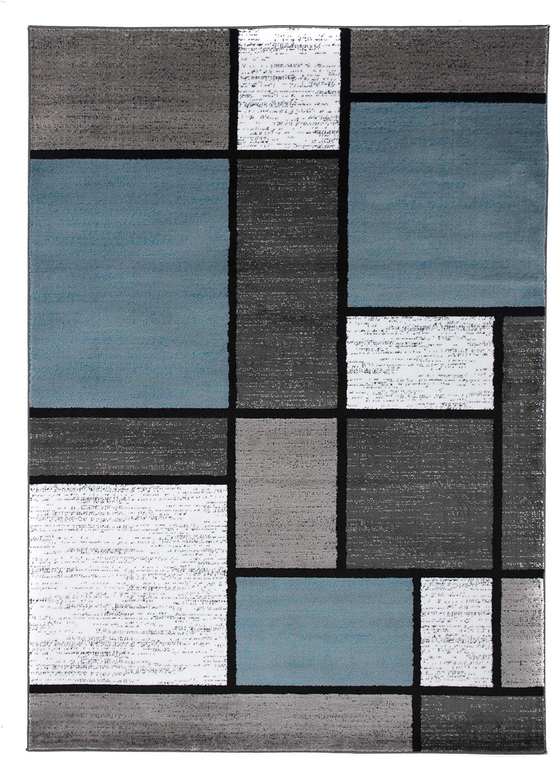 Modern Geometric Blue and Gray Easy-Care Synthetic Area Rug, 5' x 7'