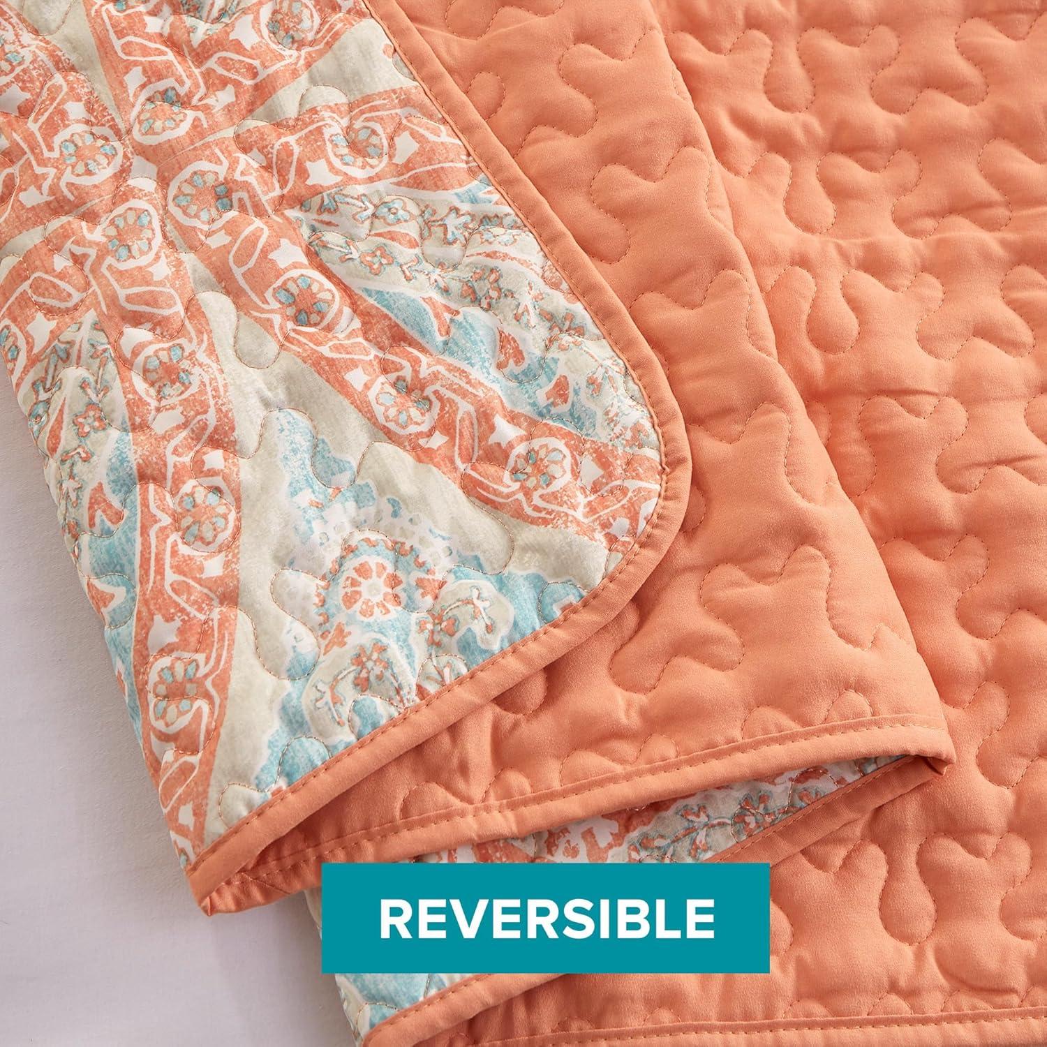 Gloria Damask Coral Reversible Microfiber Quilt Set Full