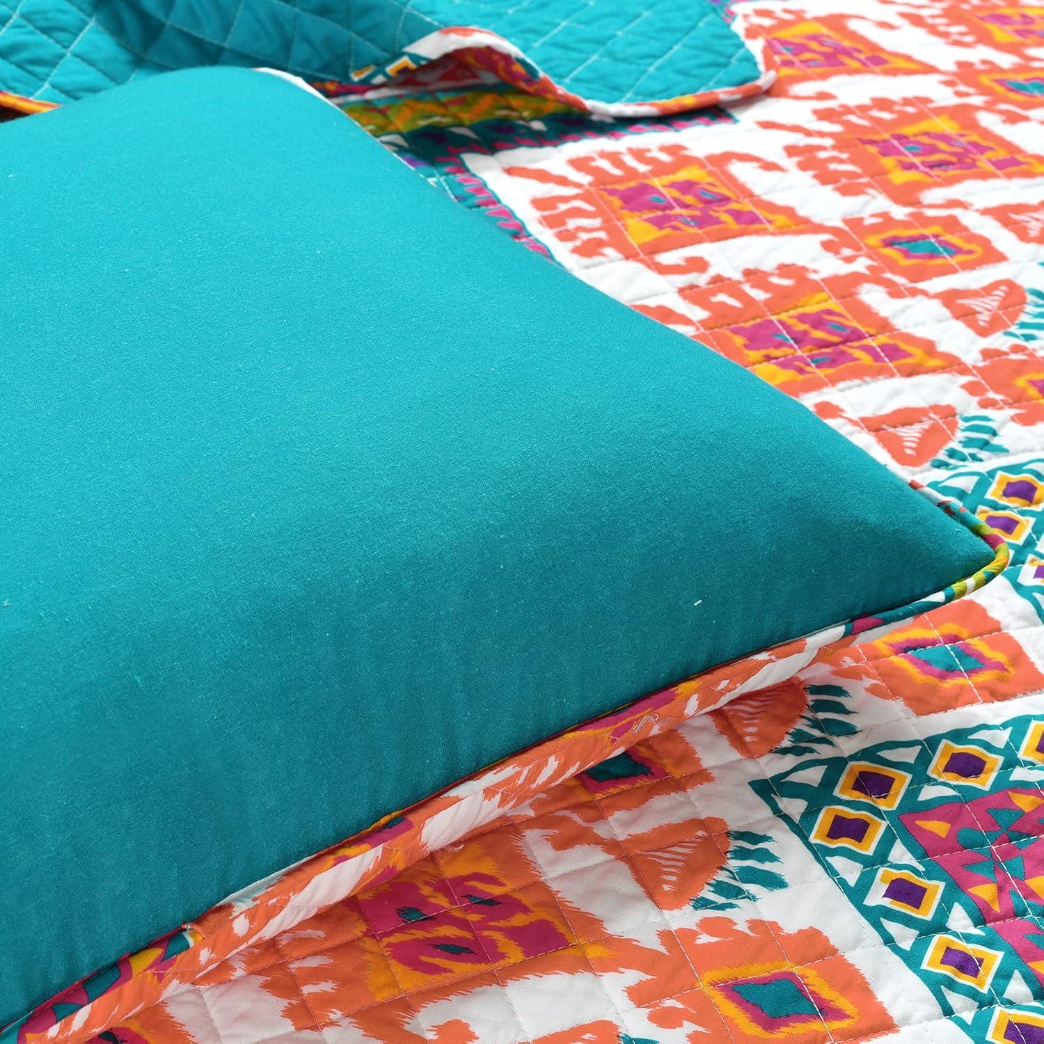 Boho Turquoise/Orange/Purple Standard Cotton Reversible 3 Piece Quilt Set