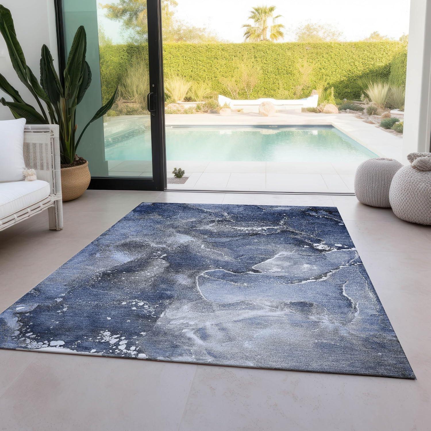 Blue and Gray Watercolor Pattern Indoor Outdoor Area Rug