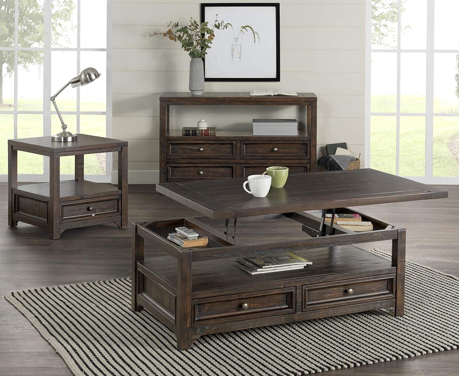 Rustic Dark Mocha Solid Pine Wood Rectangular Lift-Top Coffee Table with Storage