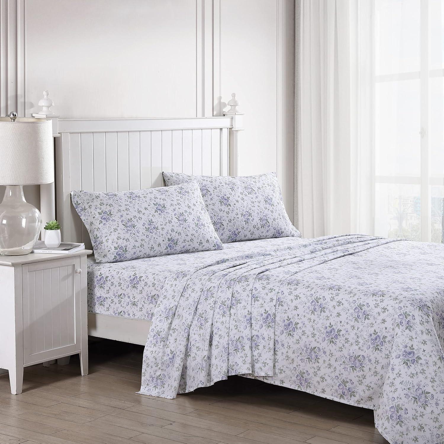 Queen Blue Floral Cotton Sateen Sheet Set