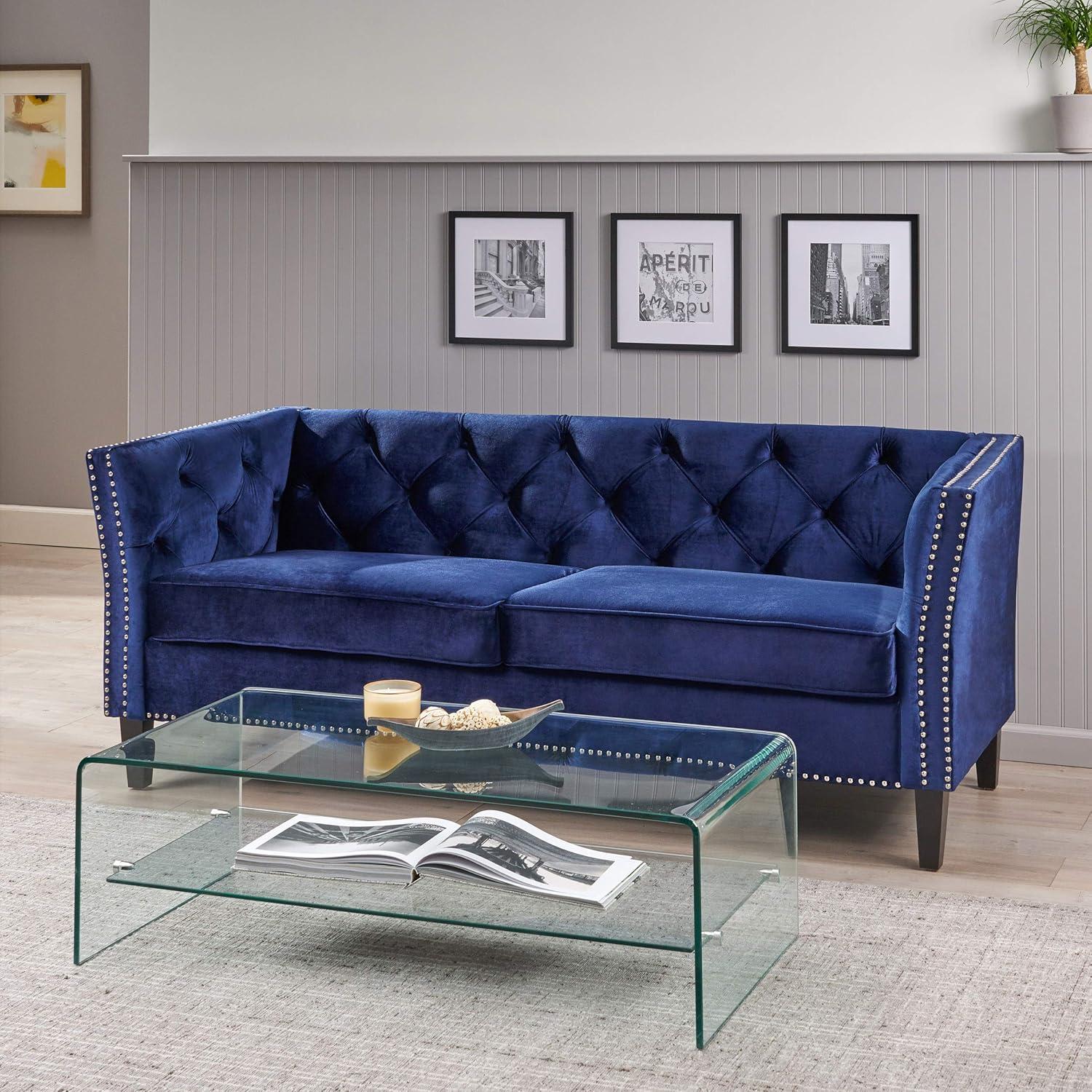 Midnight Blue Velvet Tufted 3-Seater Sofa with Nailhead Trim