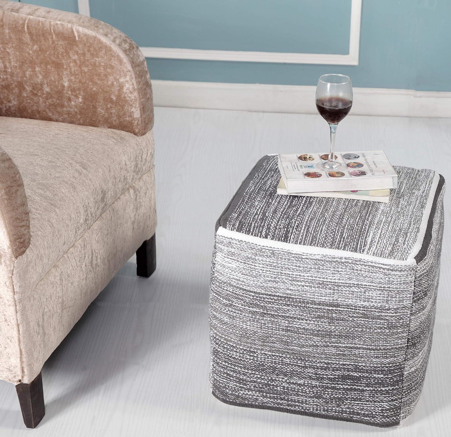 LR Home Medium Striped Indoor Square Pouf, Gray, 16" x 16" x 16"