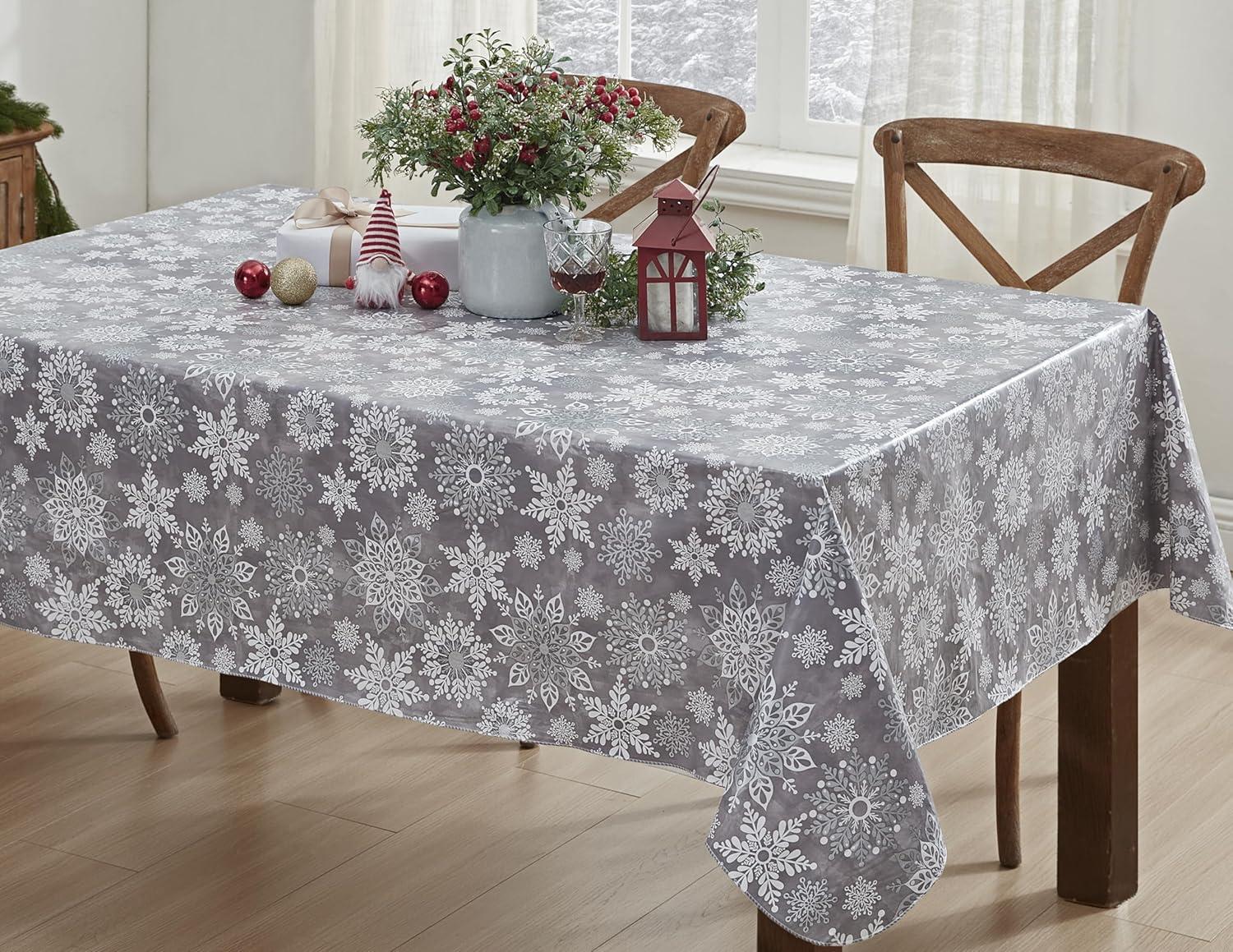 Newbridge Winter Sparkle Vinyl Flannel Backed Christmas Tablecloth - Silver Glitter Snowflake Print Wipe Clean Easy Care Holiday Tablecloth, 52in x 52in Square, Grey/Silver