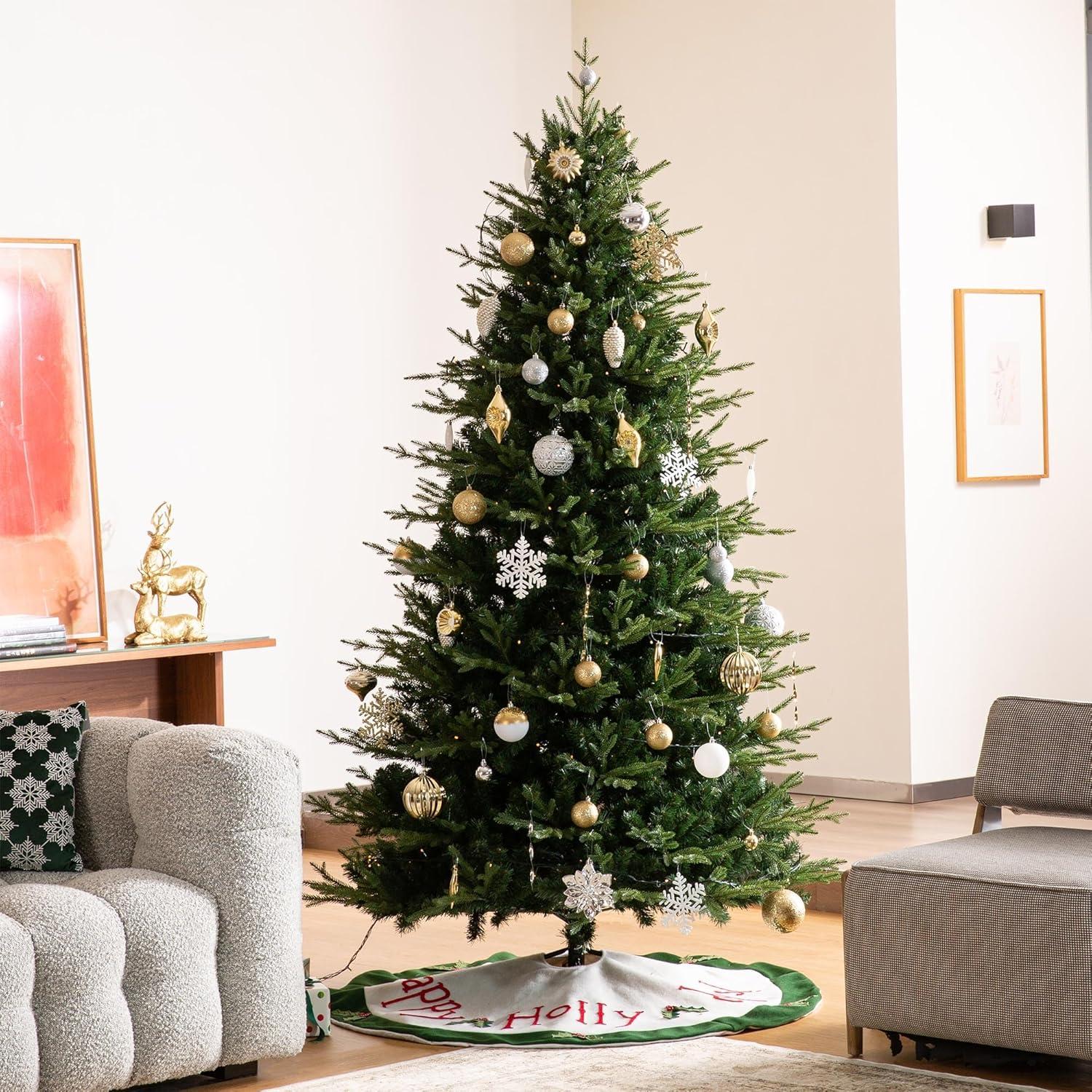 48" Green and White Felt Christmas Tree Skirt with Holly Leaves