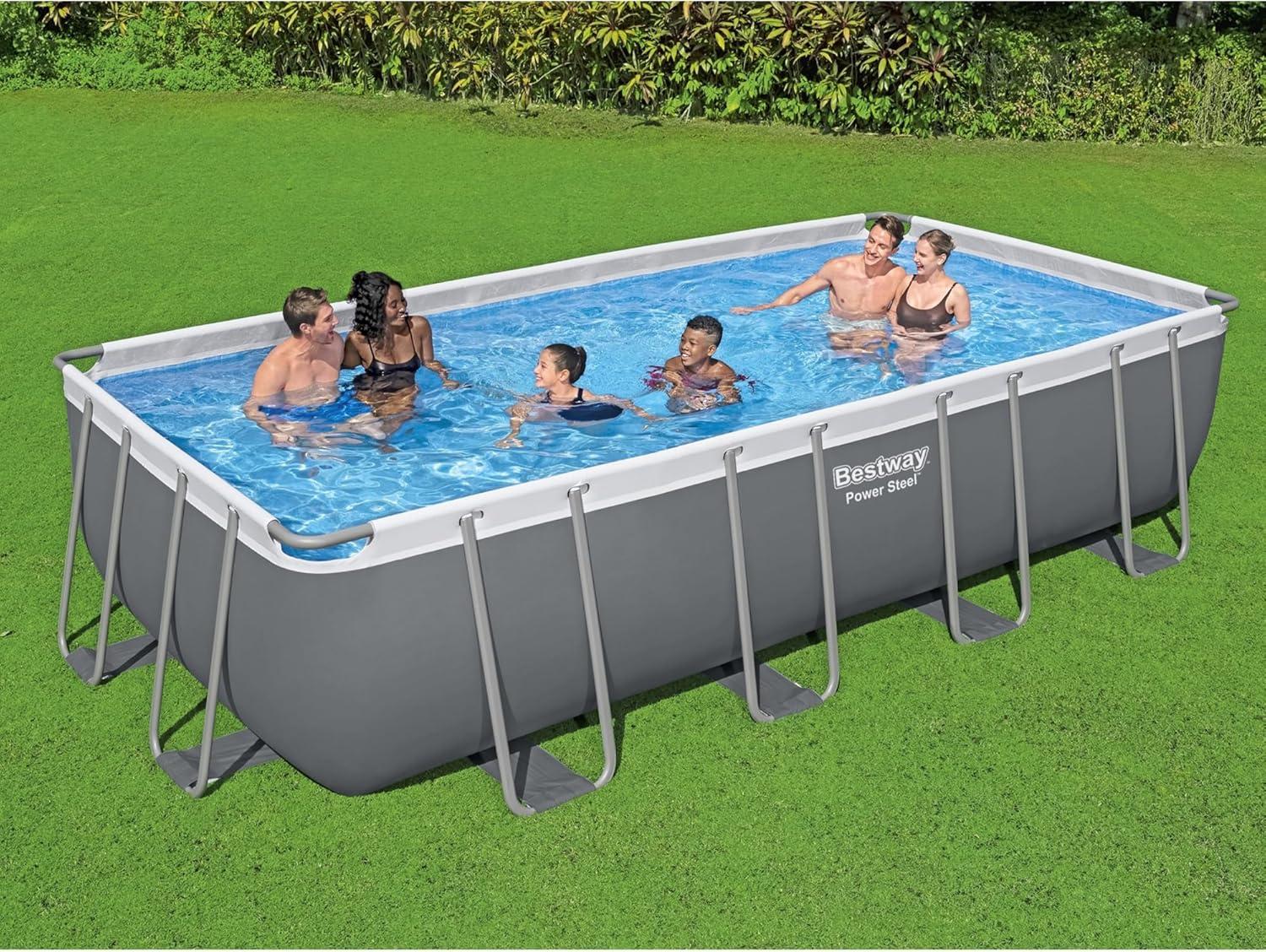 Gray Rectangular Steel Frame Above Ground Pool Set with Filter Pump