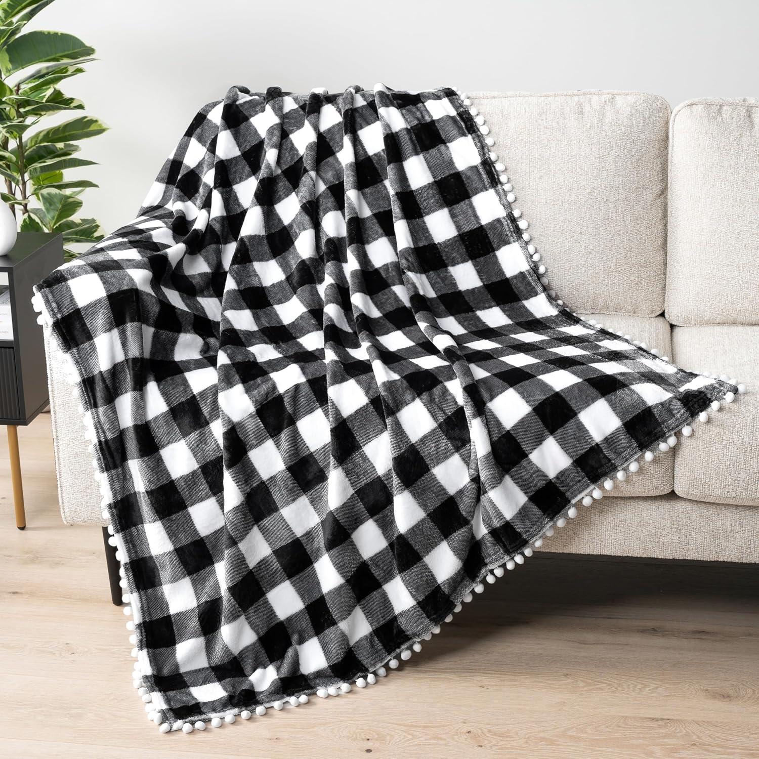 PAVILIA Fleece Pom Pom Blanket Throw for Sofa Bed, Soft Lightweight Pompom Fringe Blanket for Couch