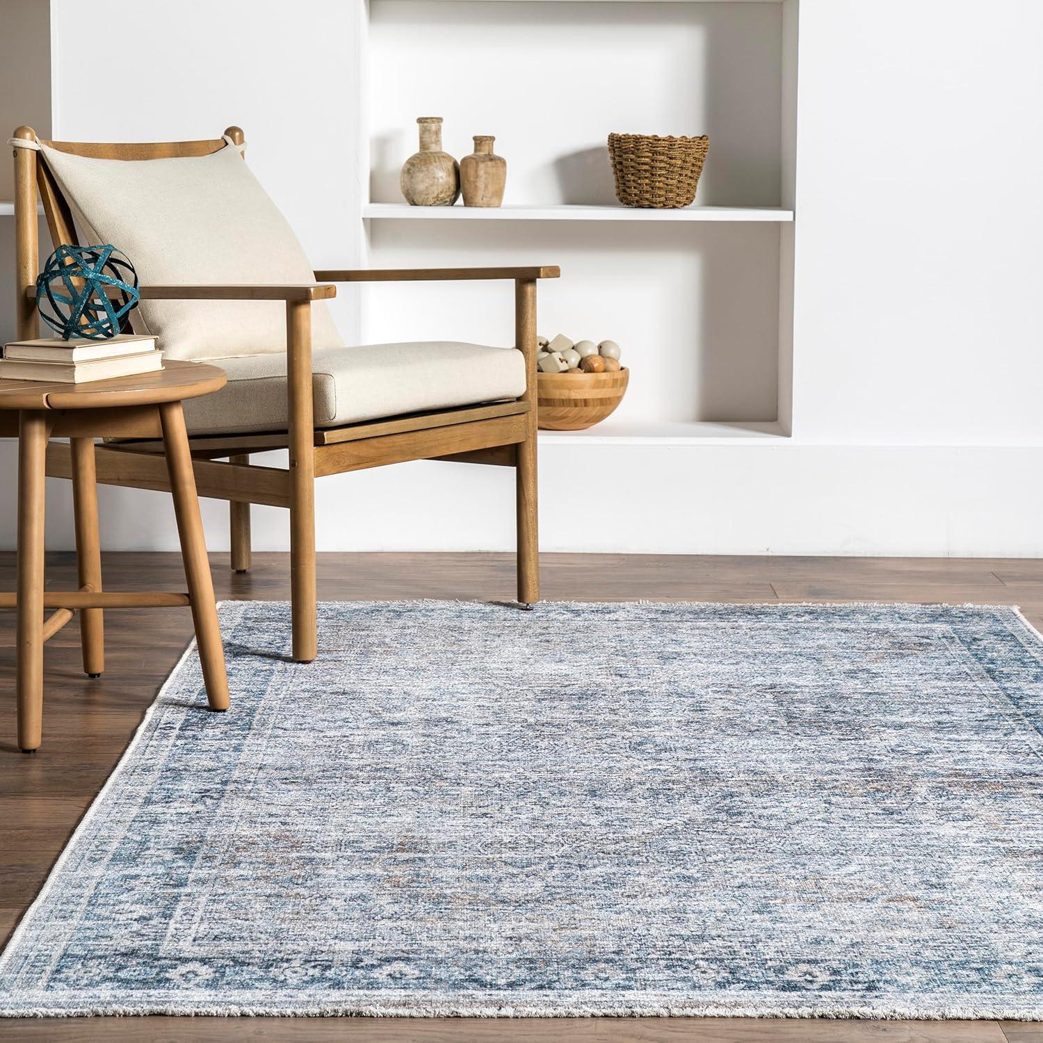 Light Blue 5' x 7' Washable Synthetic Area Rug