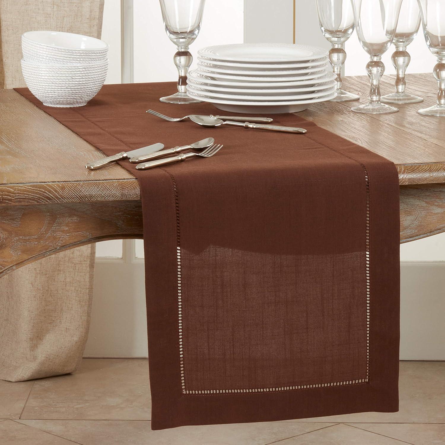 Brown Polyester Hemstitched Border Table Runner