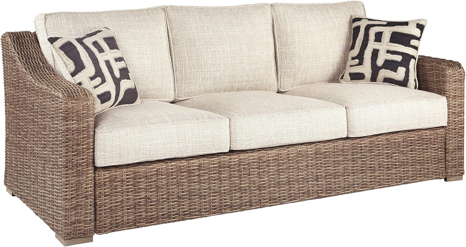 Beige Wicker and Plastic Stationary Outdoor Sofa with Cushions