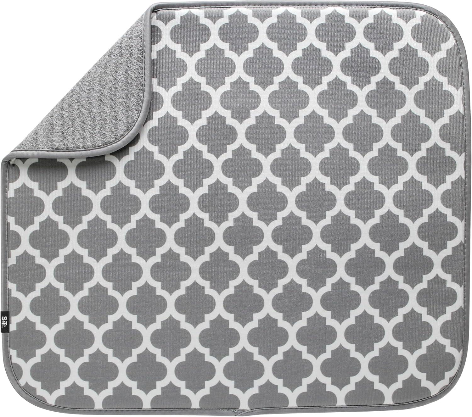 Gray and White Trellis Microfiber Foldable Dish Drying Mat