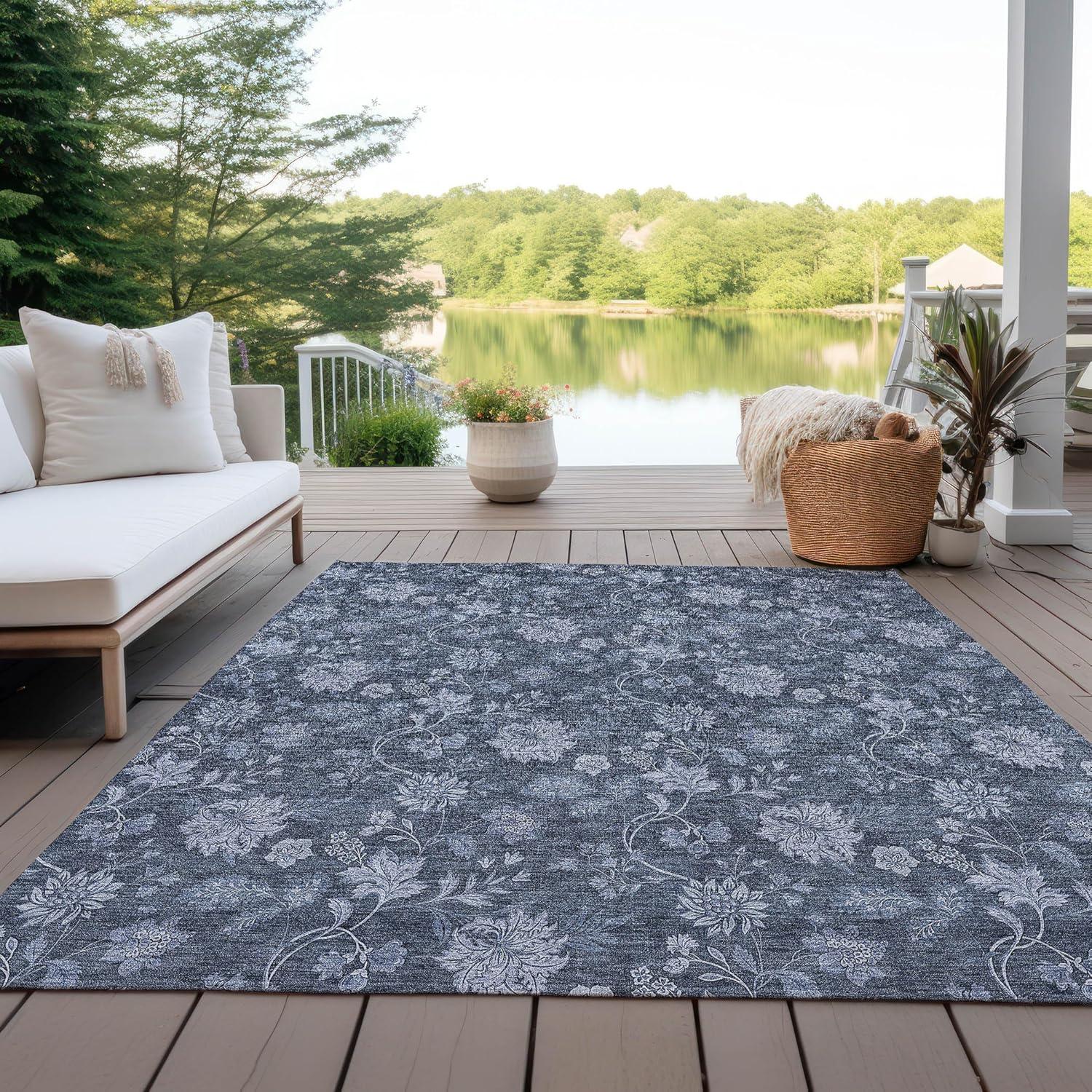 Blue Floral Synthetic Rectangular 8' x 10' Washable Rug