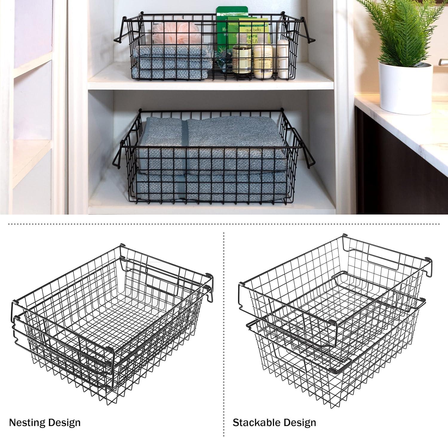 Black Metal Wire Stackable Storage Bins, Set of 2