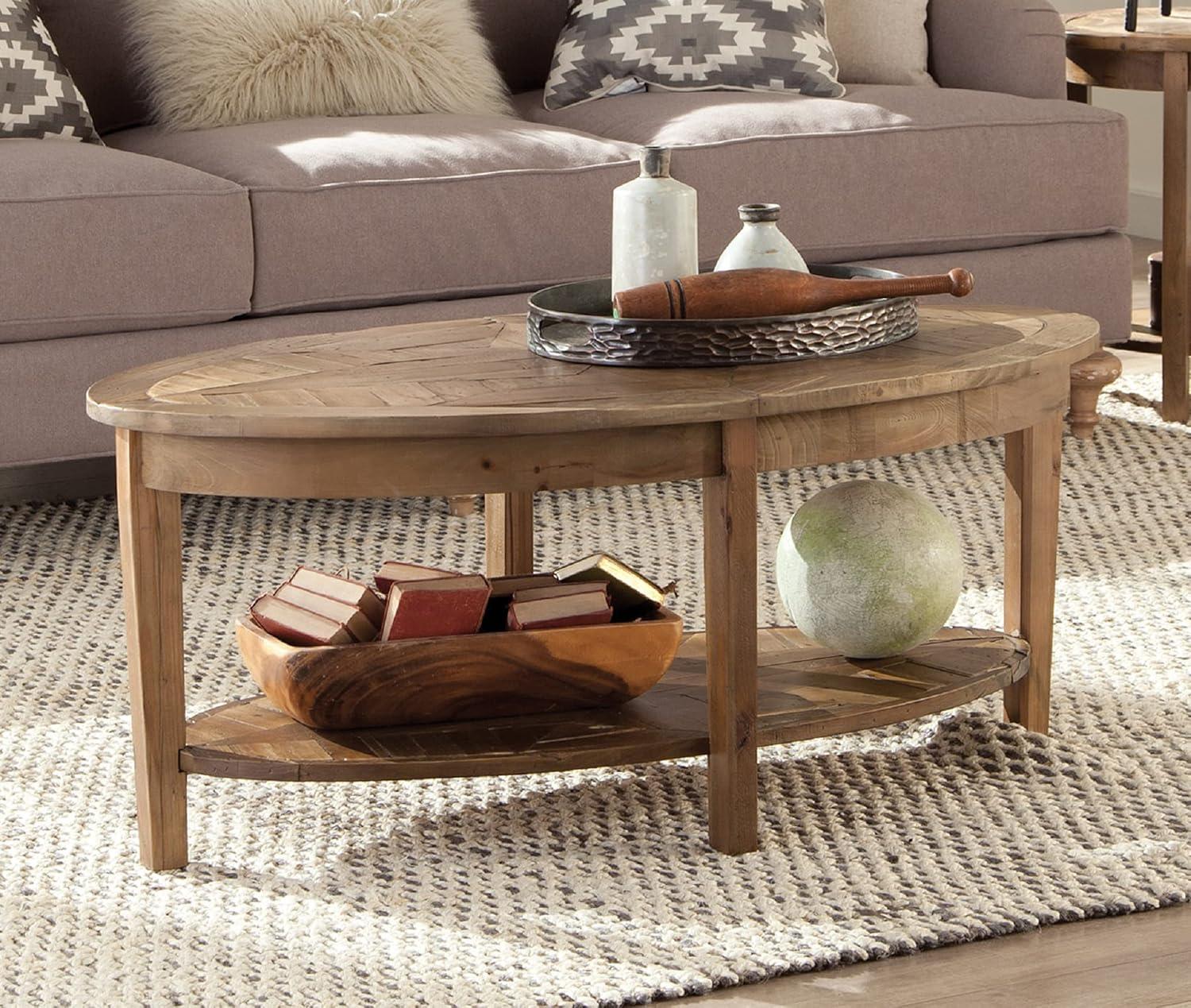 Alaterre Furniture 48-Inch Natural Revive Oval Coffee Table with Storage Shelf – Rustic Wood Accent and Farmhouse Style for Living Room