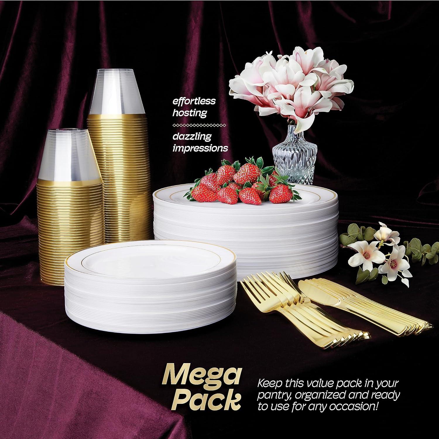 Gold Disposable Dinnerware Set for 100 Guests - 600PC BPA-Free Plastic Plates & Cutlery Kit with 100 Dinner Plates, Salad Plates, Forks, Knives, Spoons & Cups for Wedding, Party, Catering (Heavy-Duty)