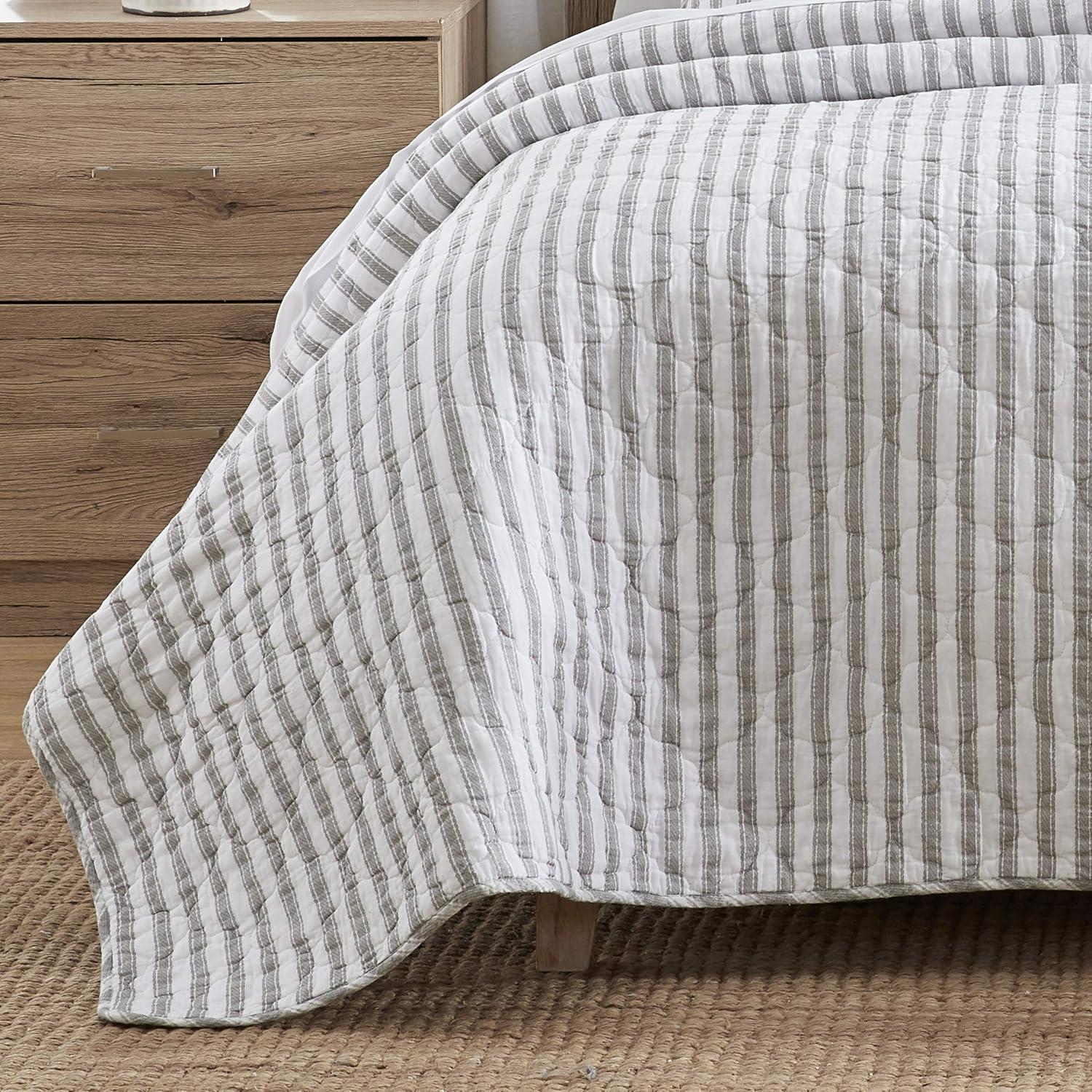 Twin Willow Way Ticking Stripe Quilt & Sham Set Gray - Stone Cottage: Cotton Twin Coverlet Set with Pillow Sham