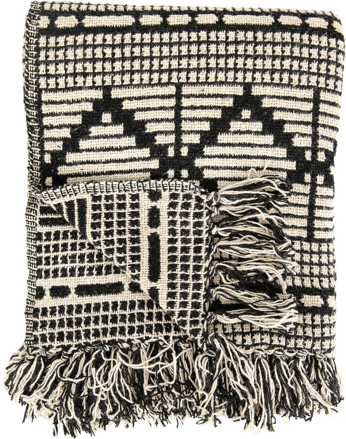 Bloomingville Black & Beige Woven Cotton Blend Blanket with Fringe Throw, Black