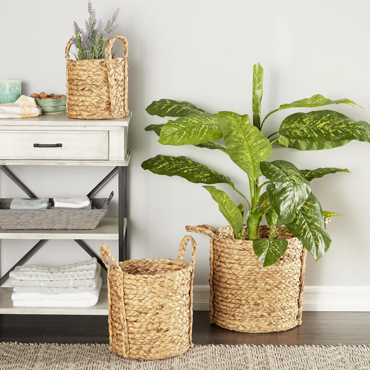 Set of 3 Seagrass Wicker Basket Planters with Handles Natural - Olivia & May: Indoor/Outdoor, 20" Size