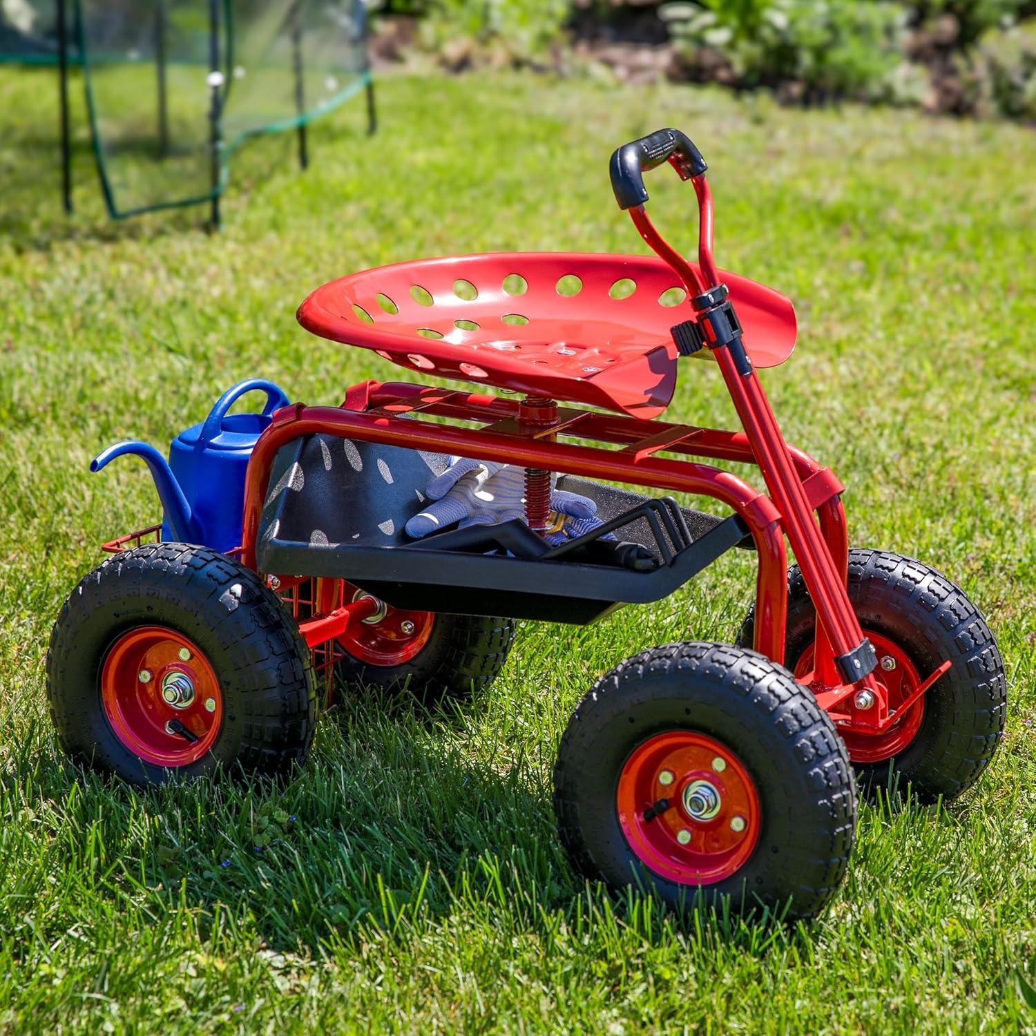 Sunnydaze Outdoor Heavy-Duty Steel Rolling Gardening Cart with Extendable Steer Handle, Swivel Chair, Tool Tray, and Basket - Red