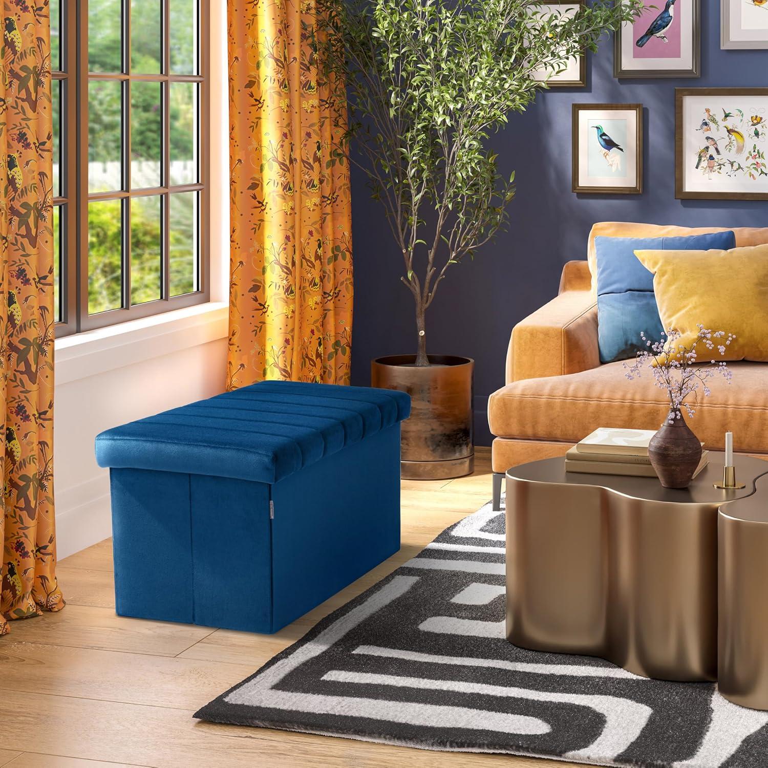 Blue Velvet Tufted Storage Trunk Ottoman, 30 Inch