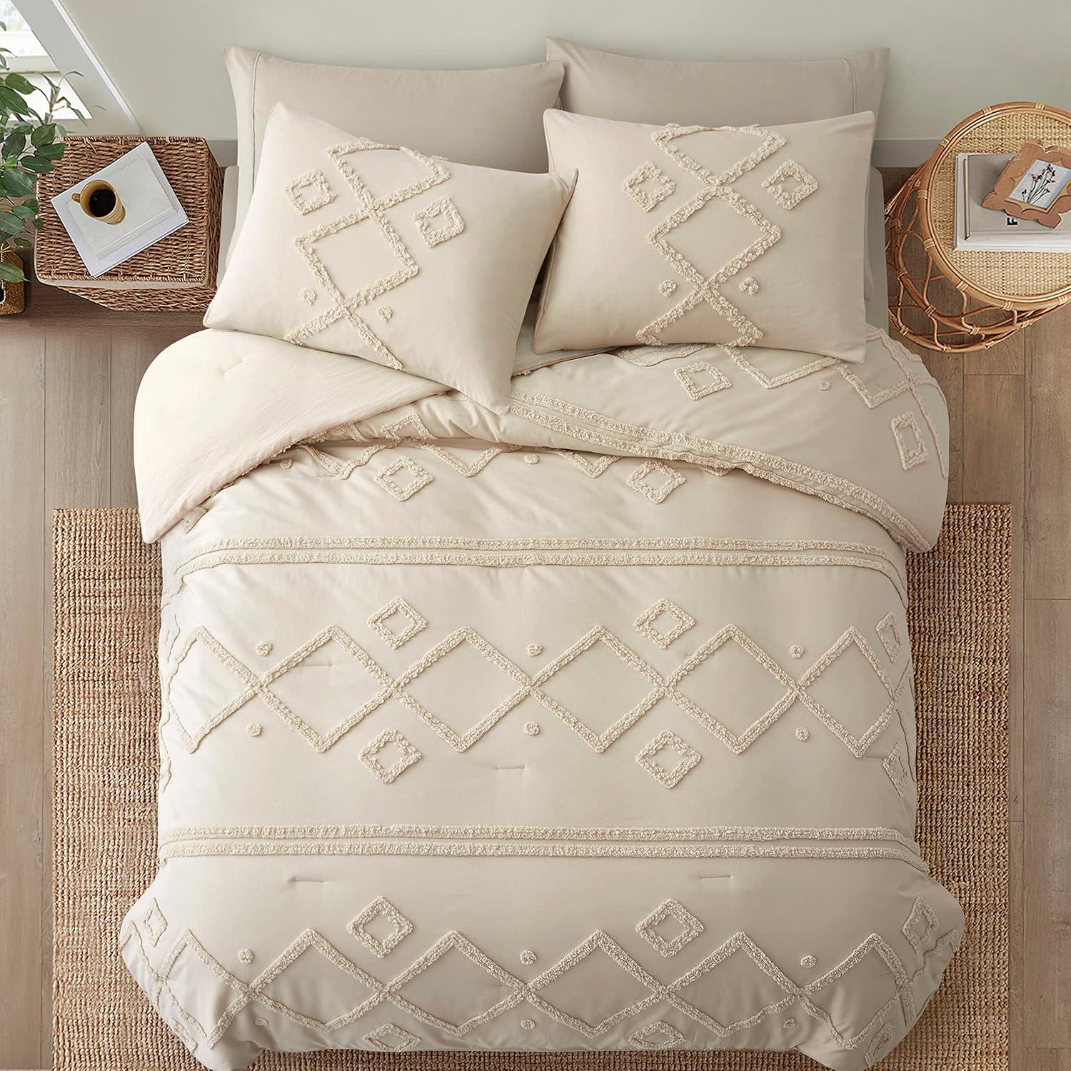 Oli Anderson Cream King Comforter Set Tufted Bedding Set King 3 Pieces, Boho Shabby Chic Comforter with 2 Pillowcases (Cream,King)
