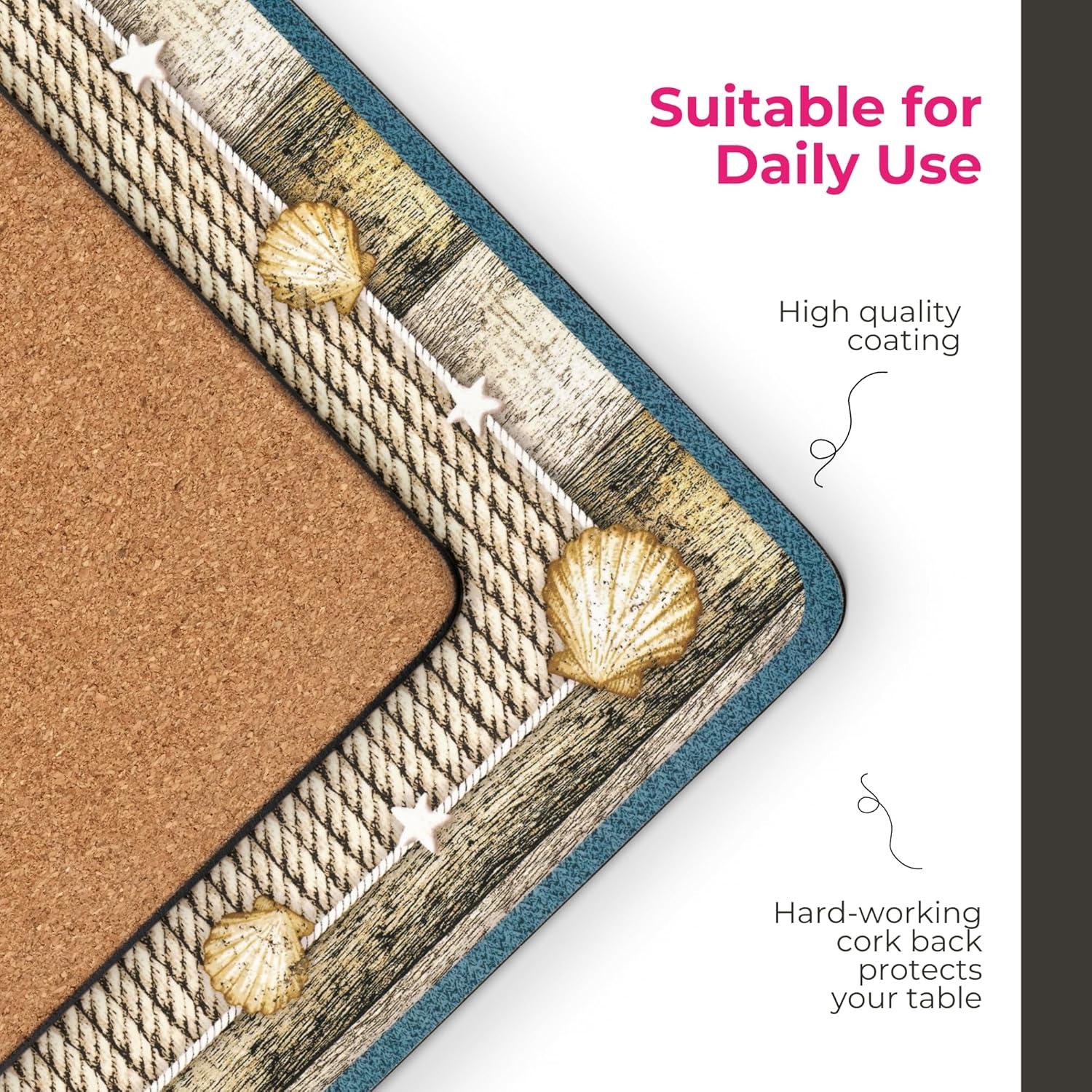 Pimpernel Coastal Breeze Placemats Set of 4 with Cork Backing - Heat & Stain Resistant Dining Table Mats Featuring Beach-Inspired Blue & White Design