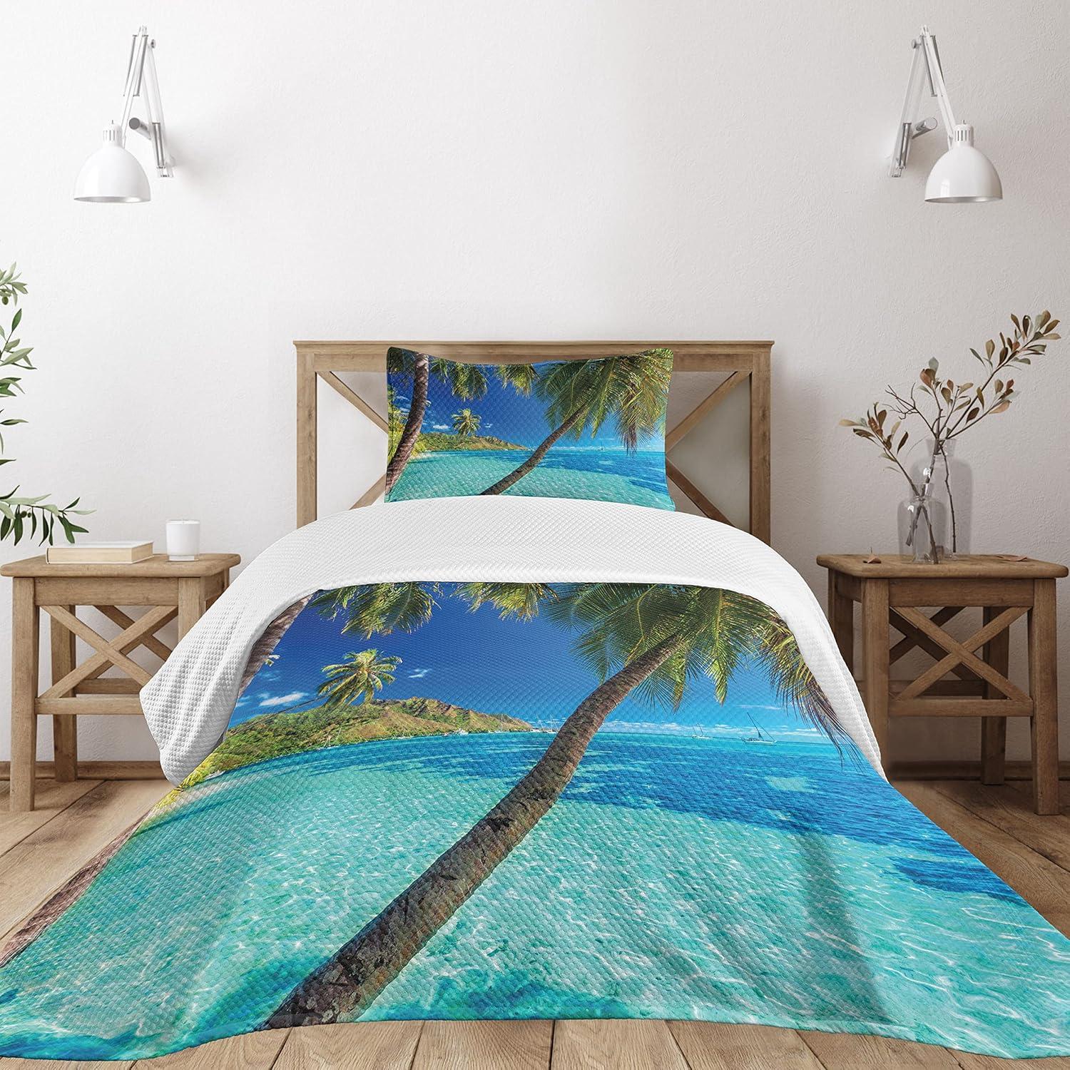 Twin White Tropical Island Beach Theme Bedspread Set