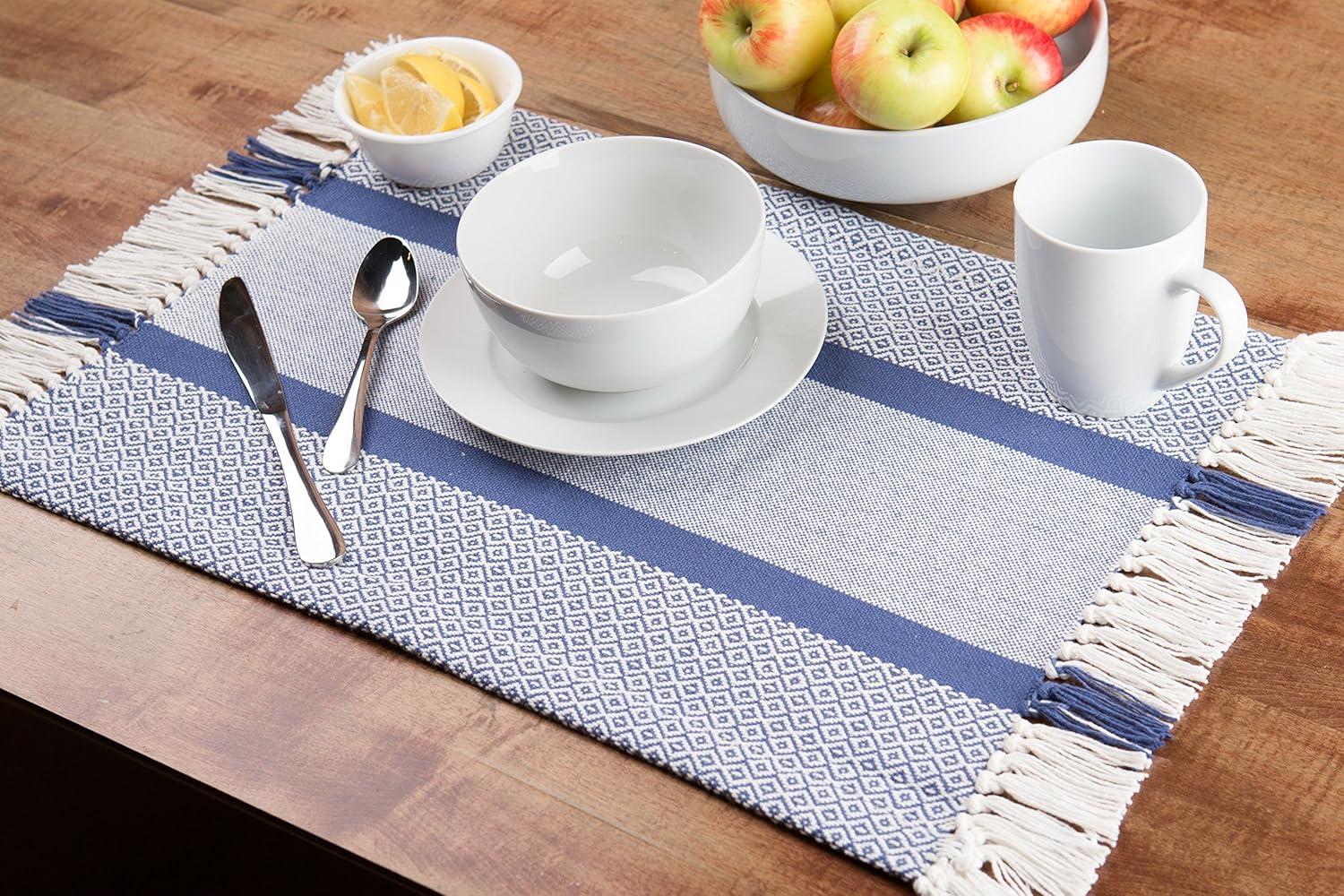 Sticky Toffee Placemats Set of 4, Woven Cotton Cloth Placemat Set, 14x19 in, Blue Boho Place Mats for Kitchen or Dining Table