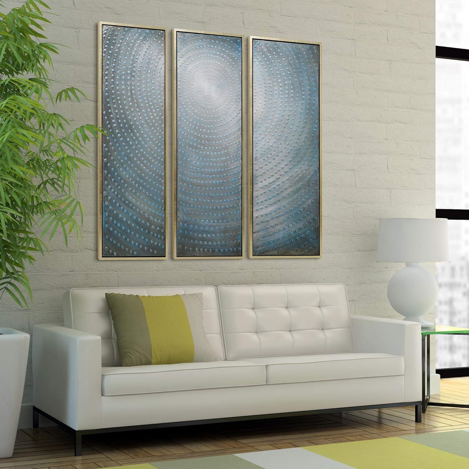 Concentric Blue and Silver Abstract Canvas Triptych, 60" x 60"