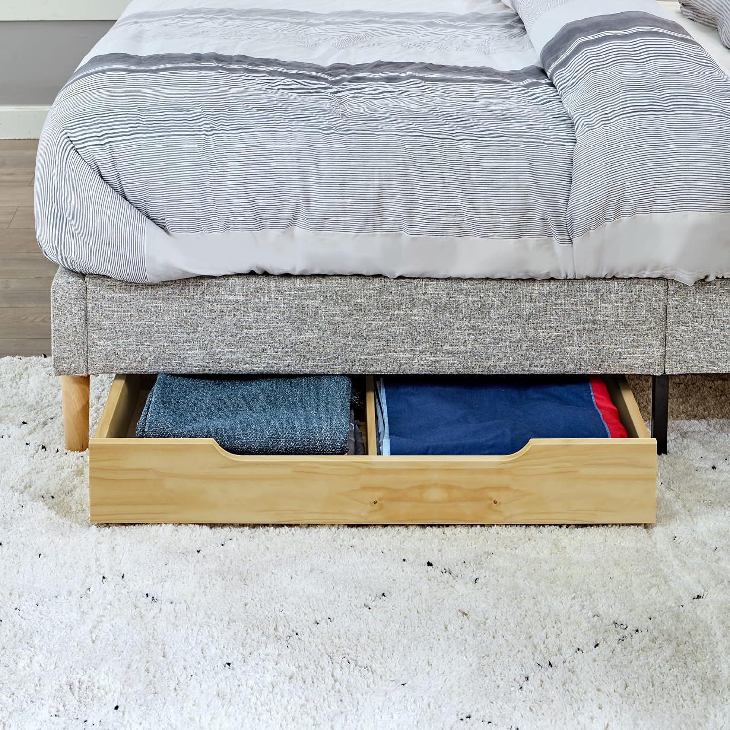 MUSEHOMEINC Solid Wood Under Bed Storage Drawer with 4-Wheels for Bedroom,Suggested for Queen&King Size Platform Bed,Natural