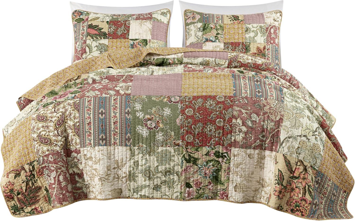 Chezmoi Collection Delaney 3-Piece Floral Patchwork Reversible 100% Cotton Vintage Washed Quilt Set