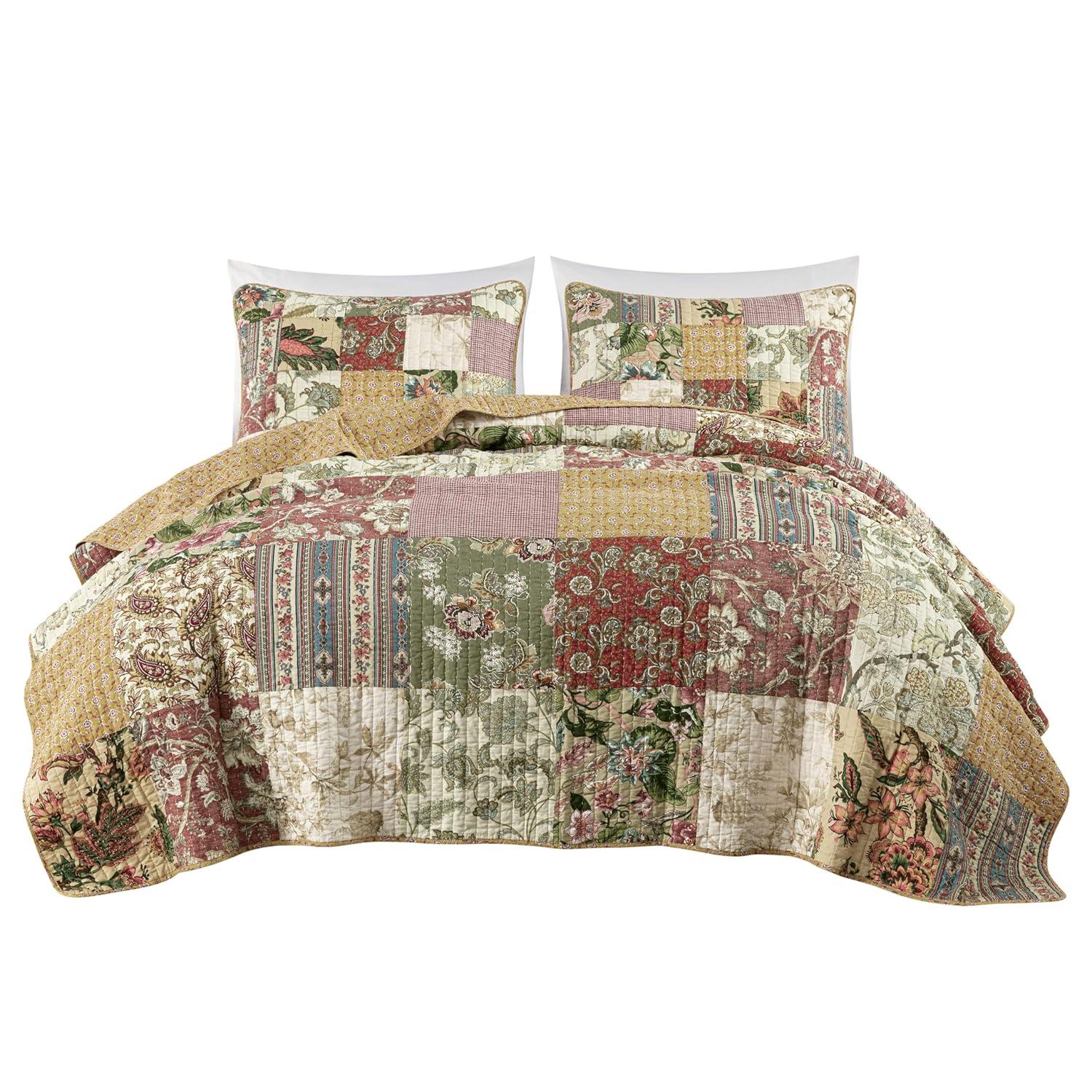 Chezmoi Collection Beige/Red Cotton Reversible Quilt Set