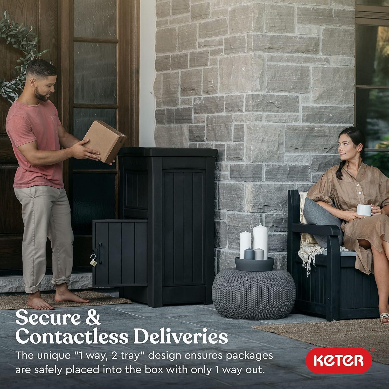 Keter Brown Package Delivery Box for Porch with Lockable Secure Storage Compartment