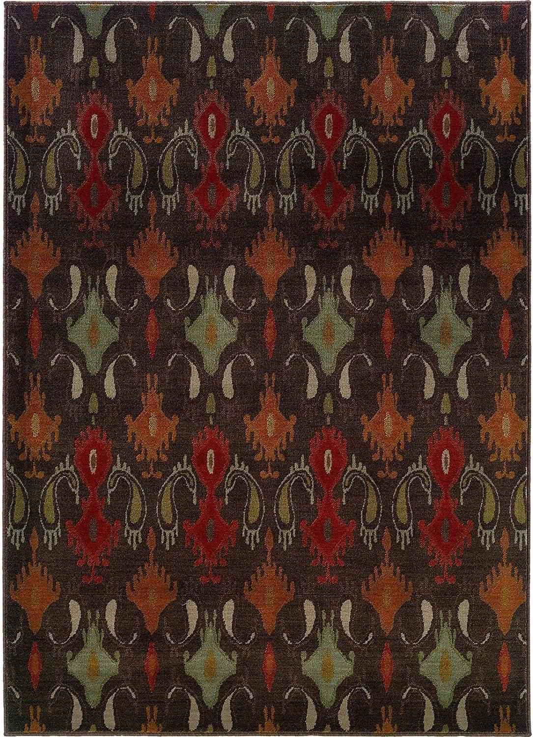 Ivory and Brown Ikat Print Synthetic Area Rug