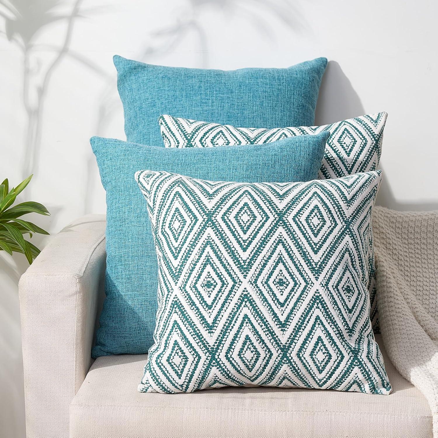 Aqua Blue Geometric Polyester Euro Throw Pillow Covers, Set of 4, 18"x18"