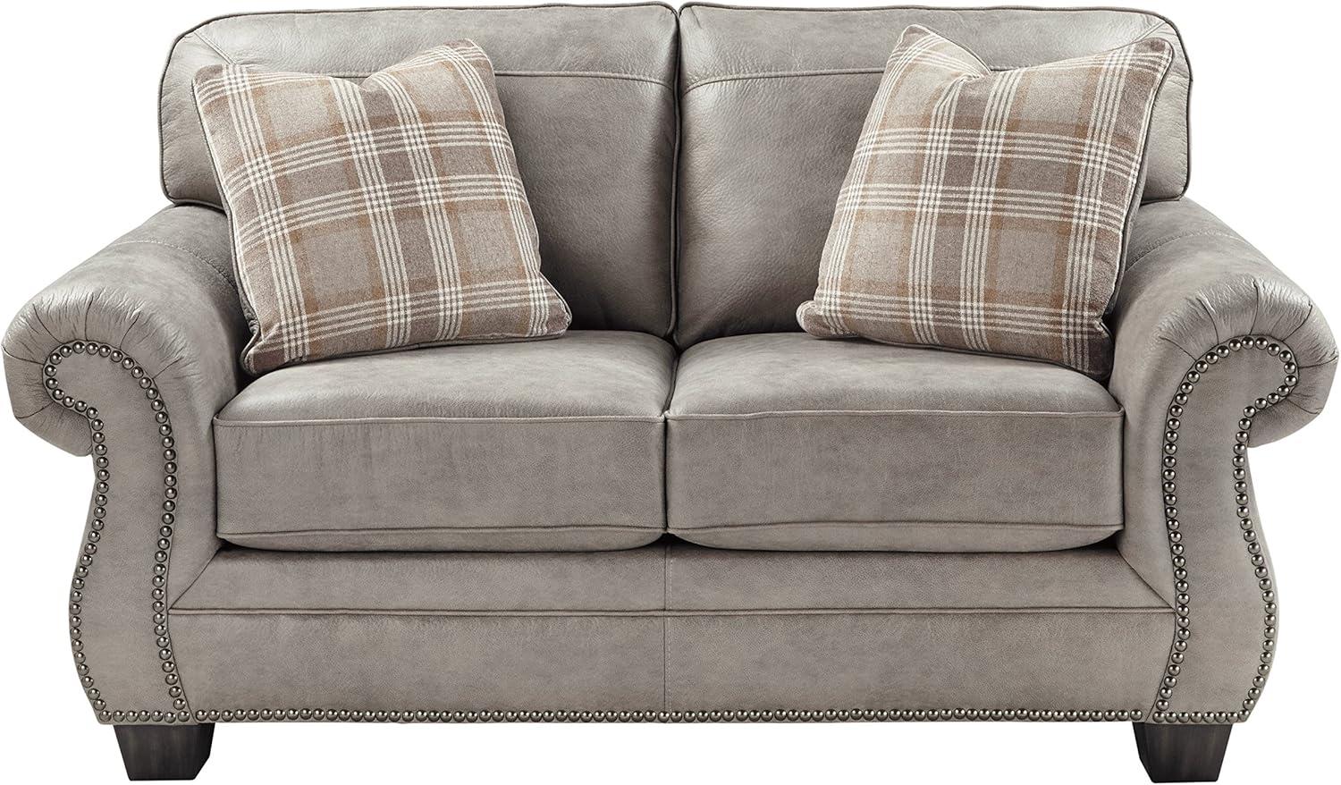 Elegant Gray Faux Leather Loveseat with Nailhead Trim & Plaid Pillows