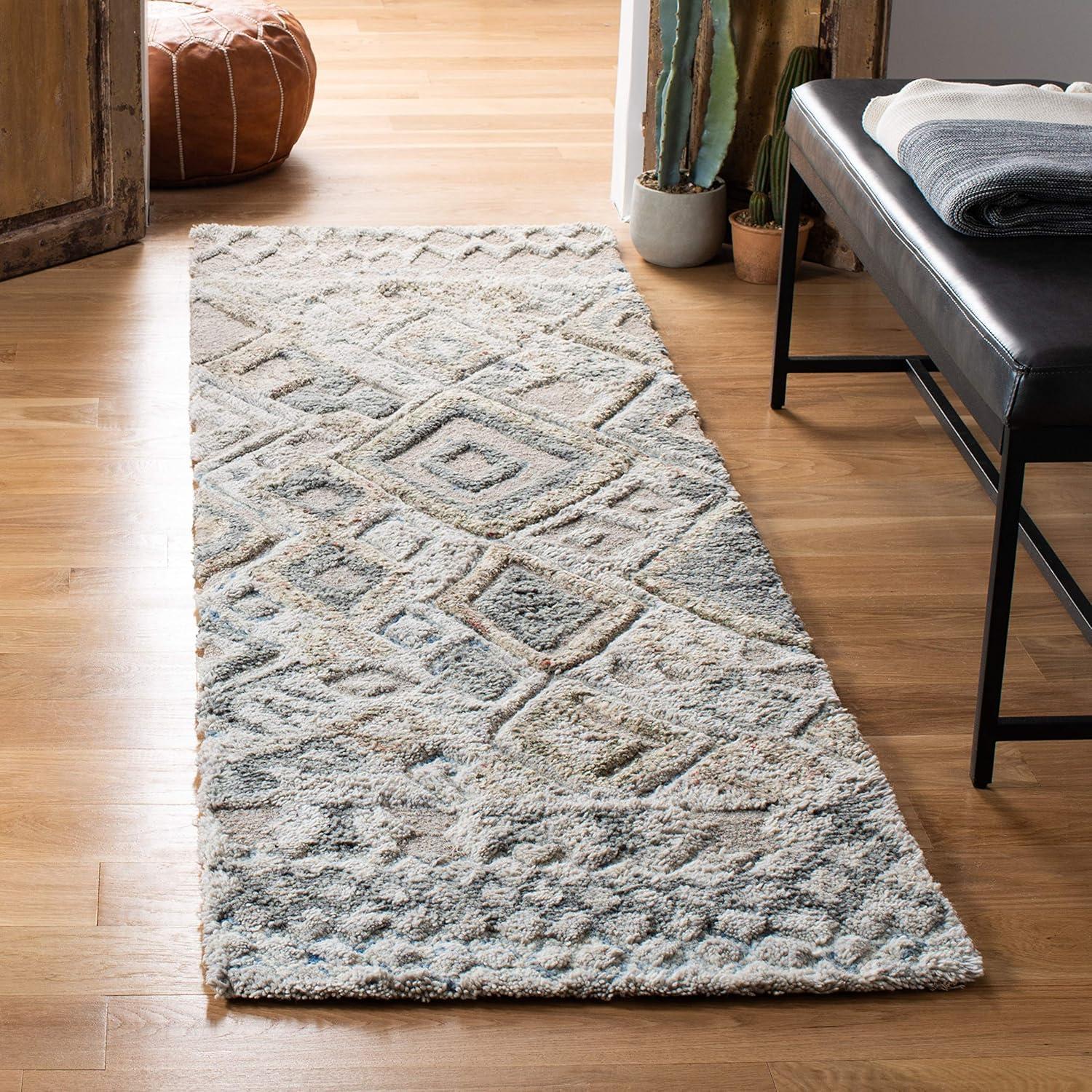 Grey and Olive Hand-Tufted Wool Moroccan Shag Runner Rug