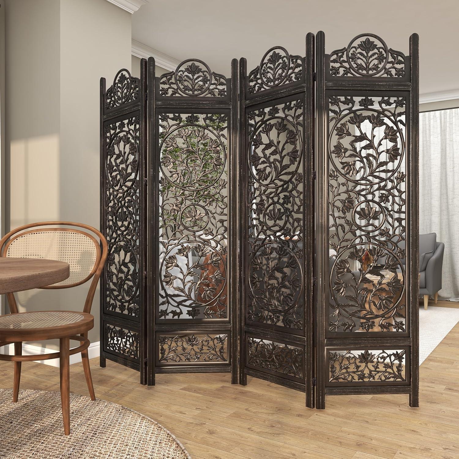 DecMode 80" x 72" Black Wood Floral Handmade Hinged Foldable Partition 4 Panel Room Divider Screen with Intricately Carved Designs, 1-Piece