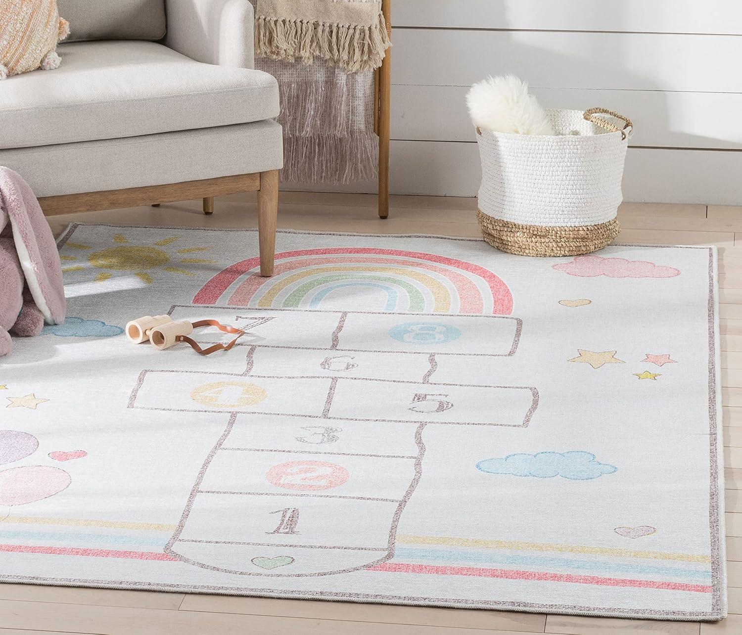 Kids Rainbow Hopscotch Playmat Rug 5' x 7' Synthetic