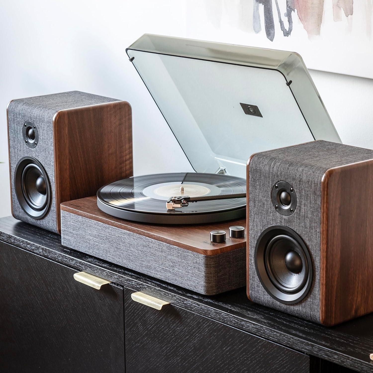 Charcoal and Brown Bluetooth Record Player with Speakers