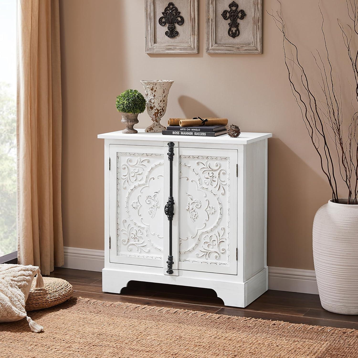 White Floral Pattern Farmhouse Sideboard with Solid Wood Legs