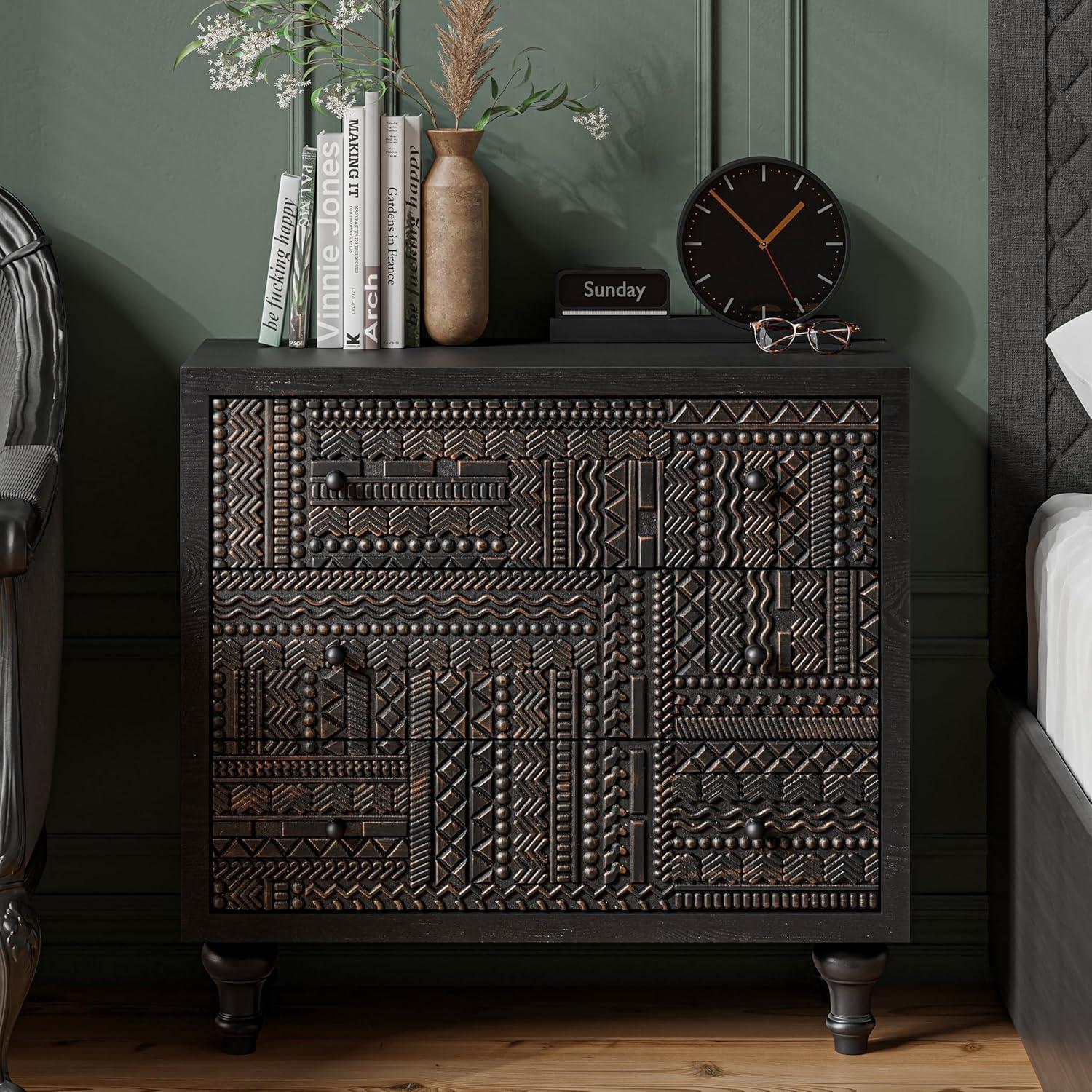 Black Geometric Carved 3-Drawer Farmhouse Dresser